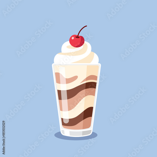 Delicious chocolate and vanilla milkshake with whipped cream and cherry. Sweet creamy smoothie layered drink. Refreshing dessert beverage vector.