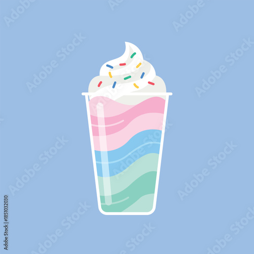 Colorful rainbow milkshake with whipped cream and sprinkles. Sweet pastel layered fruit smoothie in glass. Refreshing summer dessert beverage vector illustration.
