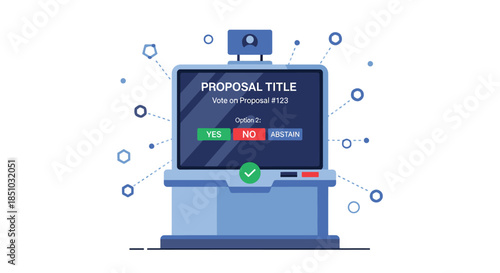 Digital Voting Machine Illustration with Yes No Abstain Options, Electronic Ballot Box for Online Proposal Decisions, Modern E-Voting Kiosk with Network Connections