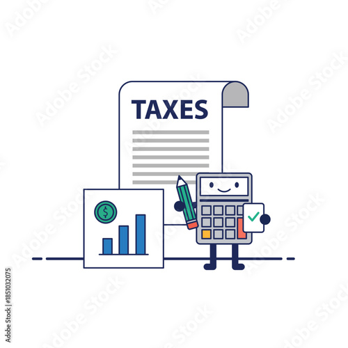 Cute calculator character holding pencil with tax form and financial growth chart. Vector illustration of business accounting and tax return concept. Financial planning and budget management.