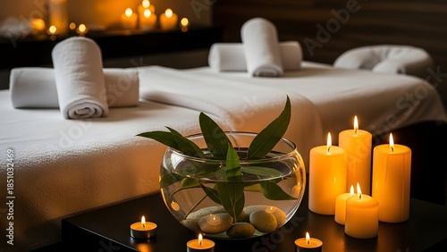romantic spa massage room with candles and soft lighting creating tranquil atmosphere for relaxation and wellness treatments with rolled towels on beds.