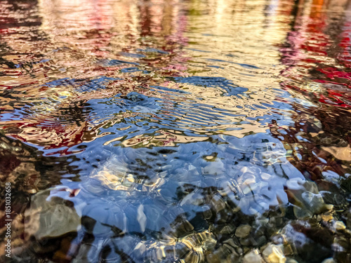 Abstract Close-Up of Rippling Water Surface with Distorted Reflections of Warm Colors and Sunlight