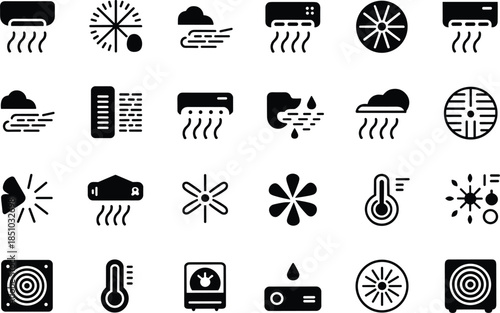 Air Conditioning and Climate Control Icons Vector Set: Cooling, Heating, Fan, Thermometer, Humidifier, Dehumidifier, Weather Symbols for HVAC and Home Appliance Applications, Graphic Elements