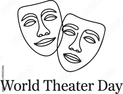 World theater day banner design, with character mask sketch, continuous one line drawing, one line Art icon drawing