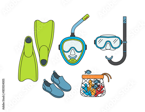 Snorkeling and diving gear with underwater net elements