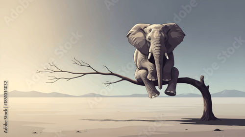 A large elephant sits precariously on a thin, bare tree branch in a vast, empty desert landscape under a pale sky, creating a surreal and contemplative scene.