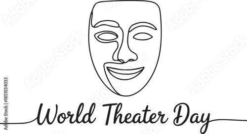 World theater day banner design, with character mask sketch, continuous one line drawing, one line Art icon drawing