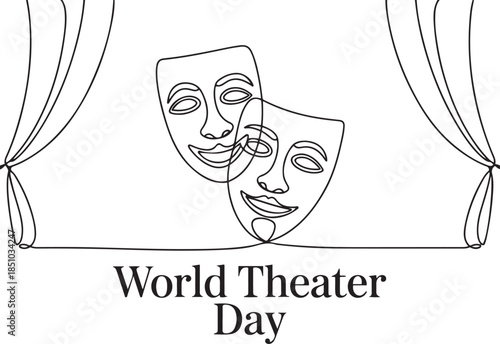 World theater day banner design, with character mask sketch, continuous one line drawing, one line Art icon drawing