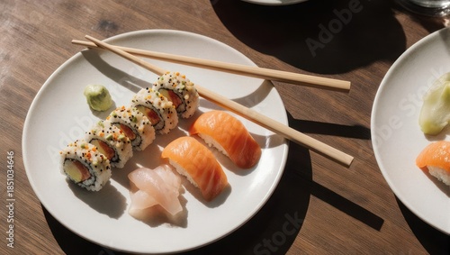 Sushi Platter with Salmon Nigiri and California Rolls.