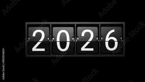 A close-up view of a black digital flip clock display showing the year 2026 with white numbers on a dark background.
