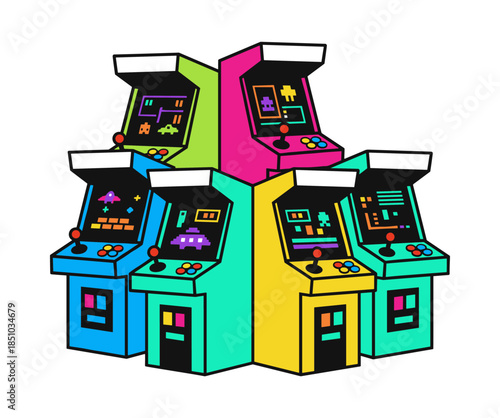 Retro arcade game cabinets creating a circle
