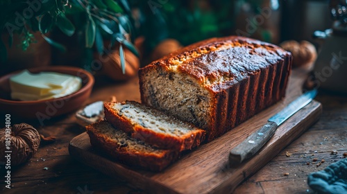 Delicious homemade banana bread loaf sliced on a wooden board with butter and walnuts