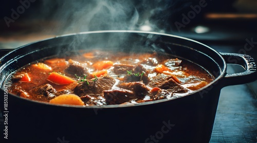 Hearty beef stew simmering in a cast iron pot with steam rising, a comforting meal