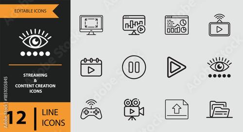 Streaming and content creation editable line icons for digital media and video projects