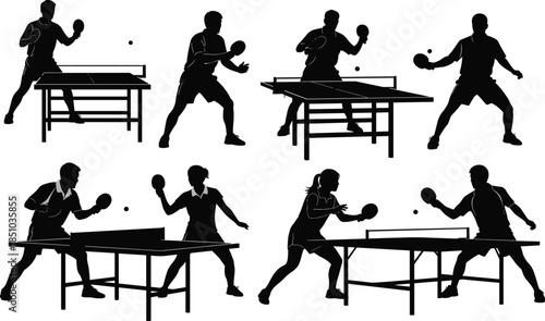 Set of black table tennis player silhouettes with rackets and tables, sport competition action, isolated on white, cad drawing flat vector illustration.