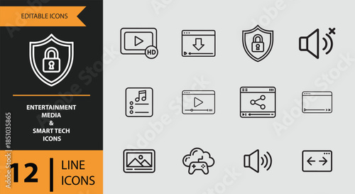 A collection of editable line icons for entertainment, media, and smart technology interfaces