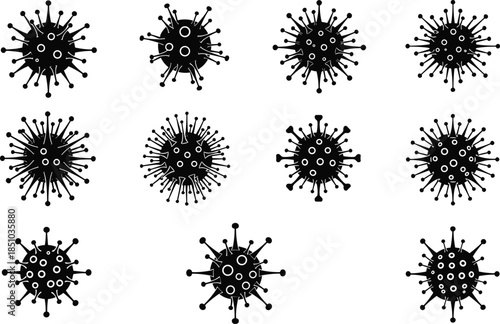 Set of black virus and bacteria vector silhouettes, microbe icons isolated on white background for medical and healthcare design concepts.