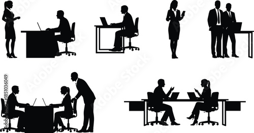 Set of business people silhouettes working in office, meeting at desk, corporate team collaboration, isolated on white, cad drawing flat vector illustration.