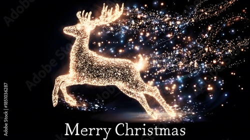 Glowing particle reindeer leaps right-to-left, thousands of tiny white lights spelling “Merry Christmas” across its body, trailing swirling smoke-dust cloud, black backdrop, explosive depth