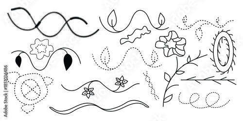 Collection of various hand-drawn line art designs and patterns