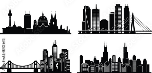 Set of city skyline silhouettes, modern urban buildings, suspension bridge landmark, skyscraper tower, downtown district panorama, black architecture design flat vector illustration