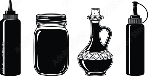 Set of condiment bottles, mason jar and decorative oil dispenser illustrations for kitchen storage, cooking ingredients, sauces and food container design