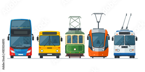 Public transport vehicles set showing various urban transportation