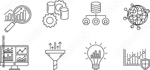 Set of data analytics and business intelligence icons, including charts, databases, networking, innovation and security, modern line art design
