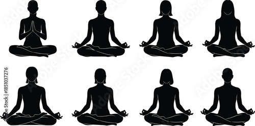 Set of eight black silhouettes of men and women sitting in yoga lotus pose meditating isolated on white background vector illustration design