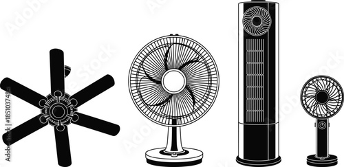 Set of electric fan silhouettes including ceiling, table, tower and portable styles, detailed black vector illustration elements for cooling appliances