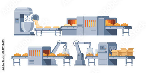 Bread production line automation with mixing and packaging robots