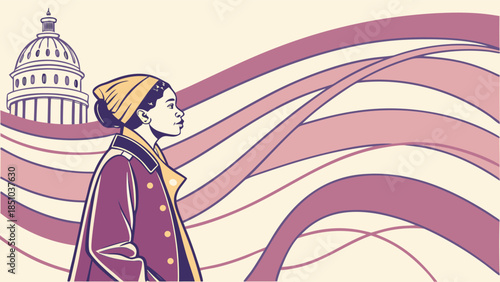 Young woman in coat and headscarf standing in front of Capitol Building