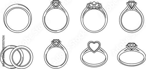 Set of elegant wedding and engagement ring line drawings featuring diamonds, heart shapes, simple bands, decorative designs, romantic jewelry illustration collection