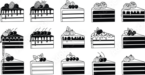 Set of fifteen black and white cake slice vector icons, dessert illustrations with fruit toppings and chocolate drips for bakery.