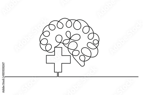 Brain and medical cross symbol in one continuous line drawing