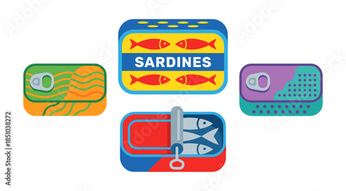 Sardines canned fish packaging food flat icon set
