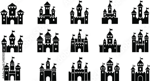 Set of fifteen medieval castle silhouettes, fantasy kingdom tower icons, ancient fortress building collection, isolated on white, cad drawing flat vector illustration.