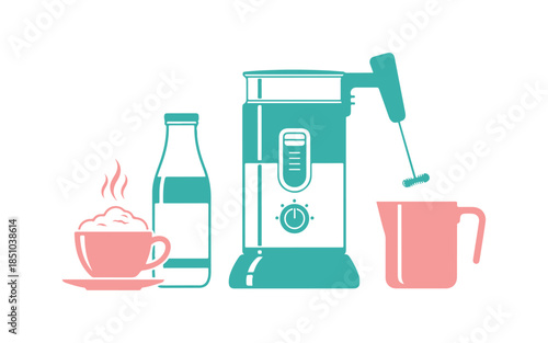The method for preparing coffee with milk foam in your own kitchen. Features a cup, bottle, and jug. Flat vector illustration set against a white backdrop.