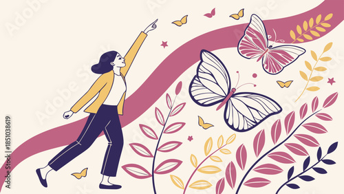 Woman in yellow jacket walking towards butterflies and flowers happily outdoors