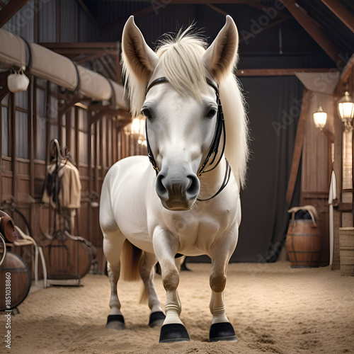  stunning  cutest funny white pony-horse posing in stable.  digital artwork.  Ai generated