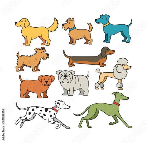 Diverse cartoon dog breeds standing and walking