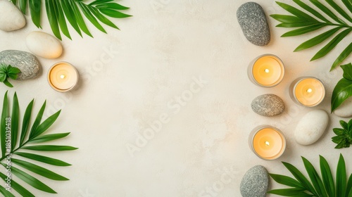 Wallpaper Mural Serene Spa Arrangement: A calming arrangement of smooth stones, lit candles, and fresh green leaves, creating a tranquil atmosphere perfect for relaxation and wellness. Torontodigital.ca