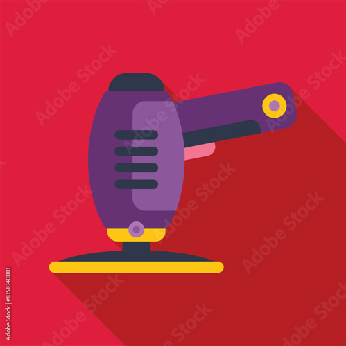 Purple and yellow electric sander with long shadow on solid red background