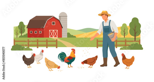 Farmer feeding chickens on rural farm landscape