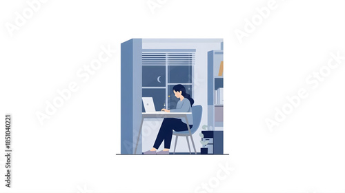 Solo Freelancer Working Late at Home – Minimal Flat Vector Illustration