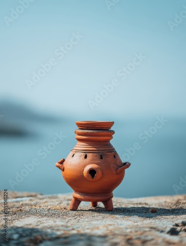 Cute Ceramic Pot with Face and Small Legs on Rocky Surface by Water