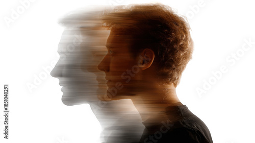 Woman grappling with schizophrenia, experiencing vivid hallucinations and engaging in a heated argument with herself against a transparent background, perfect for creative compositing