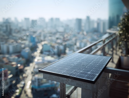 Solar Panel on Balcony with Cityscape View in Bright Daylight