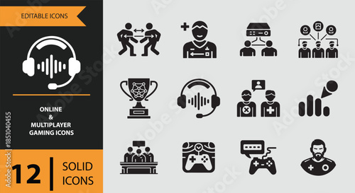 Online and multiplayer gaming solid icons for communication, competition, and user interaction