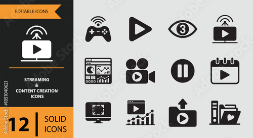 High quality solid icons for streaming and content creation related digital media platforms
